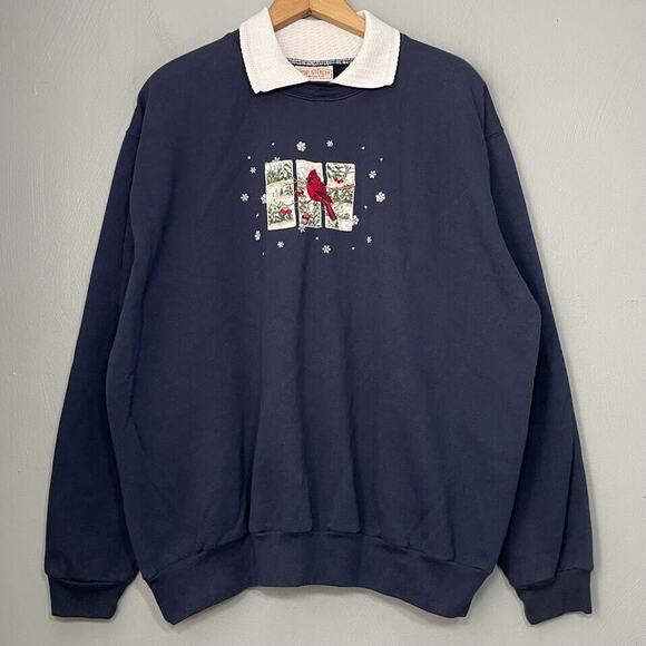 Vintage Top Stitch Sweatshirt Plus Size 1XL Navy Embroidered Christmas Winter - Picture 1 of 7